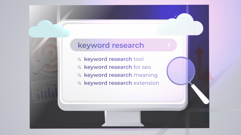 Image animée d'un écran d'ordinateur ou il est mis les types de mots clés pour référencer un site sur Google. 